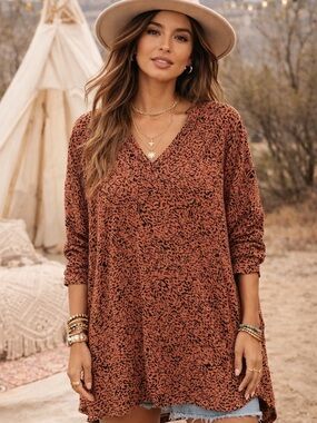 Ellos 2X Boho Tunic Top Rust Leopard Print Flowy V-Neck Plus Size 26/28